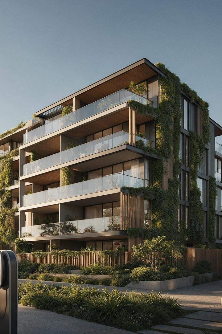 Fachada de condomínio residencial com varandas e jardins verticais, à luz do dia